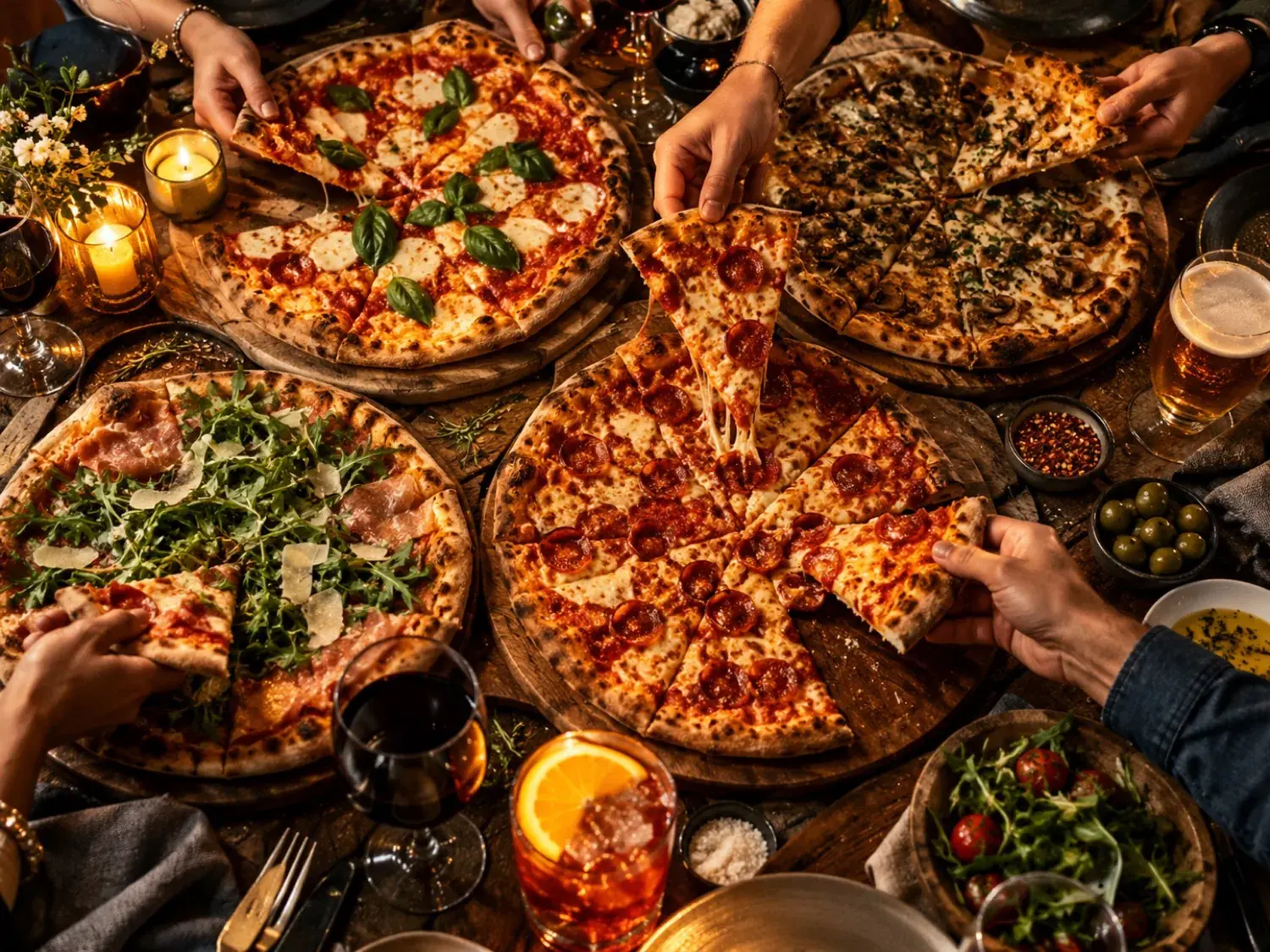 An overhead spread of pizzas and plates ready to share