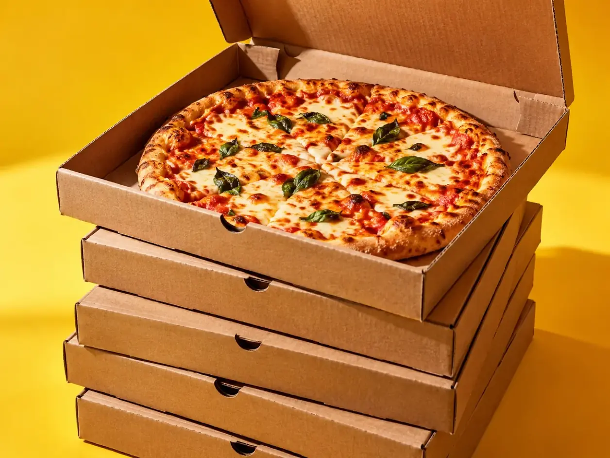 Pizza boxes stacked and ready for pickup or delivery