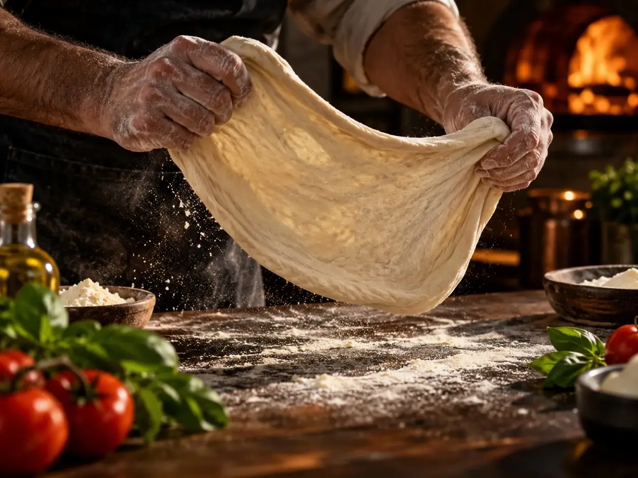 Hands working fresh pizza dough on a flour-covered surface