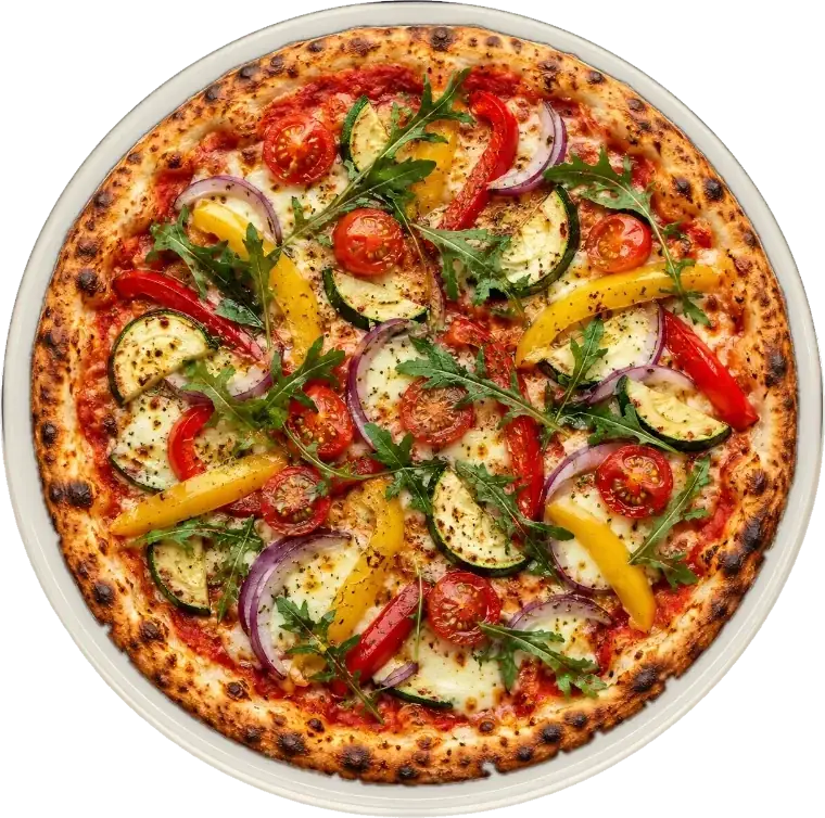 Colourful vegetable pizza with peppers and greens