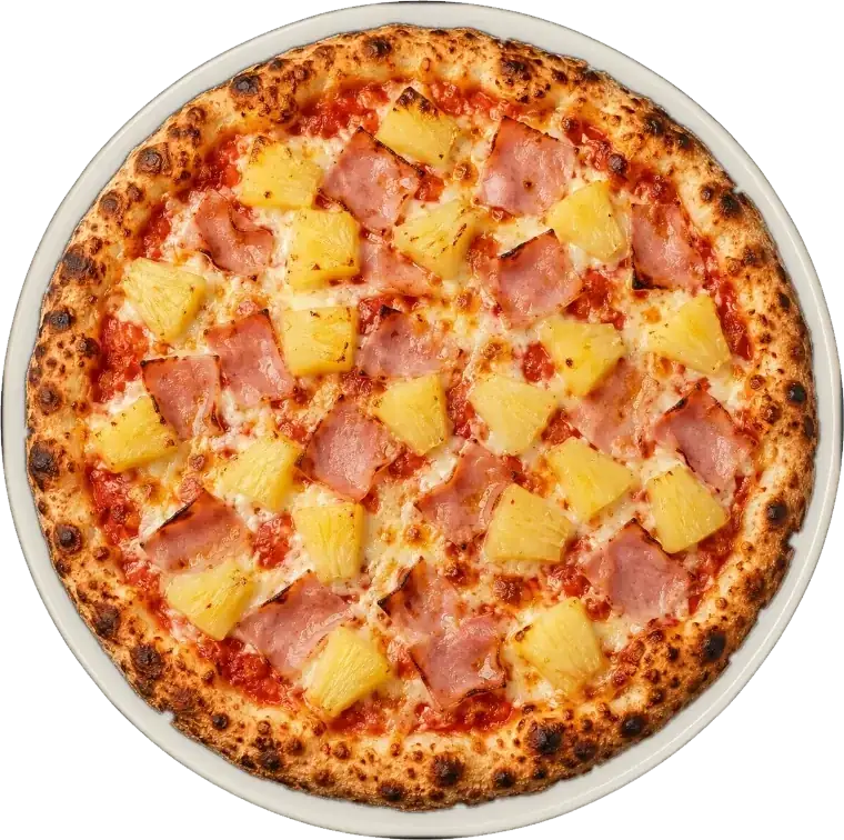 Pizza topped with pineapple, ham and melted cheese