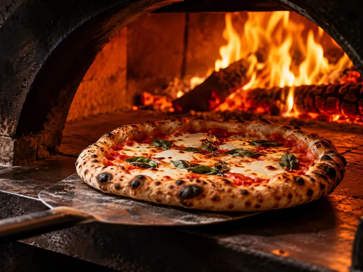 Flames glowing inside the pizza oven